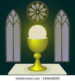 Chalice with the Host, the Holy Eucharist, in a dark church with gothic windows and a halo