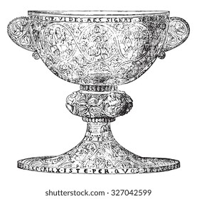 Chalice late twelfth century, silver gilt and decorated with niello figures, vintage engraved illustration. Industrial encyclopedia E.-O. Lami - 1875.
