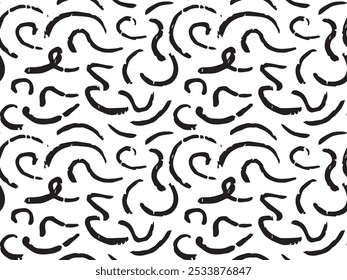 Chalk abstract lines seamless pattern. Crayon strokes hand drawn pencil curves. Charcoal uneven scribbles, black strokes. Vector stylish background for apparel, clothes, textile