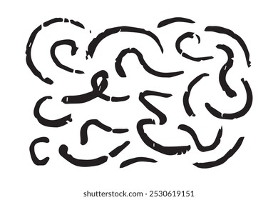 Tiza líneas abstractas y trazos. Crayon dibujado a mano líneas de curva de lápiz. Garabatos desiguales de carbón, juego de Vector de trazos negros
