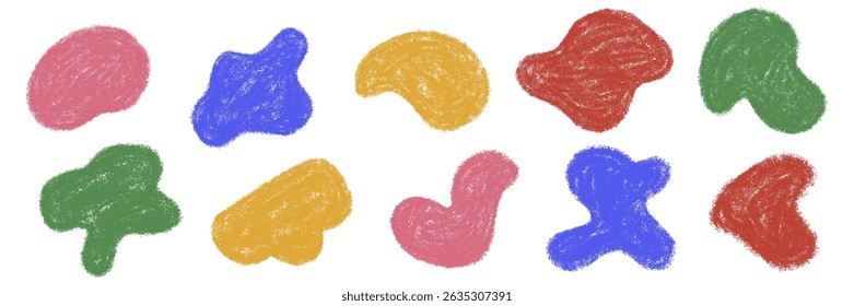 Conjunto de formas abstratas de giz. Bolhas orgânicas com textura de giz de cera. Fundo de mensagem vazia estética irregular. Caixa de texto Rabisco. Blob de cor minimalista do lápis. Ilustração vetorial à mão livre para crianças isolada