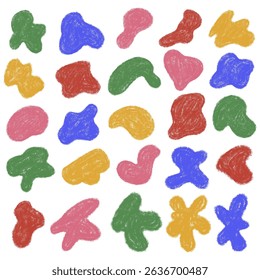 Chalk abstract shape set. Organic blobs with crayon texture. Irregular aesthetic empty message background. Scribble text box. Pencil minimalistic color blob. Kids freehand vector illustration isolated