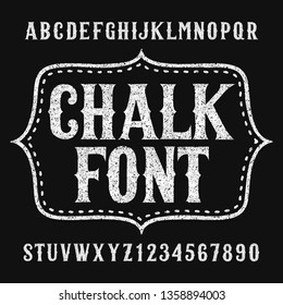 Chalk alphabet font. Hand drawn uppercase letters and numbers. Stock vector typeface.