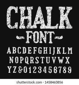 Chalk alphabet font. Hand drawn messy uppercase letters and numbers. Stock vector typeface.