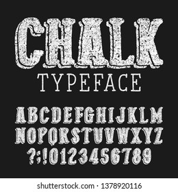 Chalk alphabet font. Hand written distressed letters and numbers. Stock vector typeface.