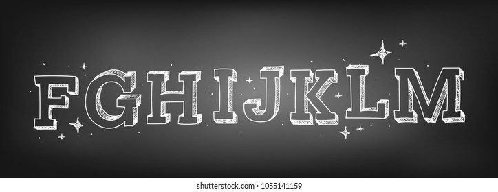 Chalk alphabet set with letters F, G, H, I, J, K, L, M. Vector illustrations. 