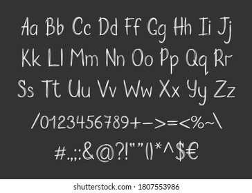 Chalk Alphabet In Sketchy Style. Vector Handwritten Pencil Letters, Numbers And Punctuation Marks. Brush Pen Handwriting Font.