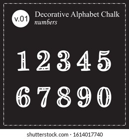 Chalk alphabet. Alphabet in white chalk on a black board. Decorative numbers for posters, posters and lettering.