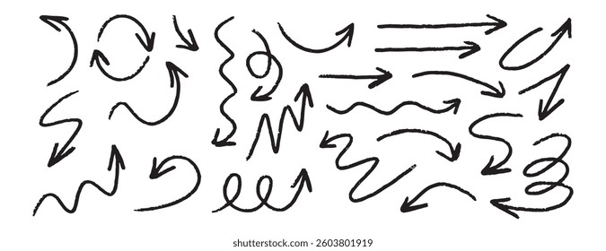 chalk arrow doodle crayon brush line stroke. Sketch pencil texture line scribble arrow icon set. hand drawn grunge brush arrows. Vector illustration