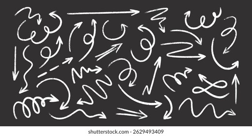 Chalk arrow doodles set on blackboard - hand drawn white swirls, curves, pointers. Artistic pencil sketches, chaotic strokes grunge design elements pack. Crayon scribbles marker outlines.