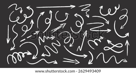 Chalk arrow doodles set on blackboard - hand drawn white swirls, curves, pointers. Artistic pencil sketches, chaotic strokes grunge design elements pack. Crayon scribbles marker outlines.