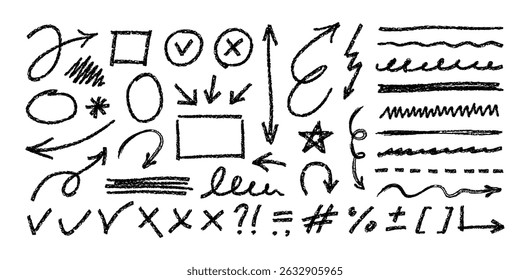 Chalk arrows and frames. Hand drawn scribble crayon arrows, circles and check marks, underlines. Doodle chalk highlights for infographics and notes. Rough textured vector set.