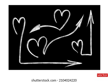 Chalk arrows with hearts. Set of hand drawn arrows in white chalk on a black chalkboard. Arrows with chalk texture. White arrows isolated on black background. February 14 artwork package. Vector