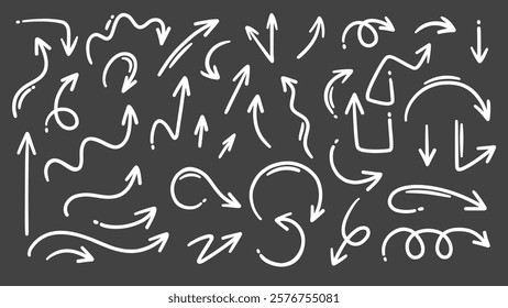 Chalk arrows line icons. Outline hand drawn pastel crayon pencil sketches, different shapes of pointers and cursors design elements on black board background, scratch arrows icons vector illustration