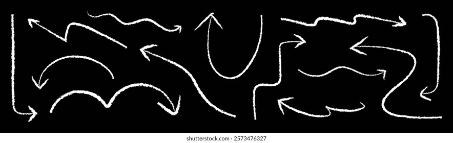 Chalk arrows on a blackboard. Various chalk arrows, white chalk arrows, curved and straight, on a blackboard. Chalk arrows for direction and movement. Doodle element vector set.