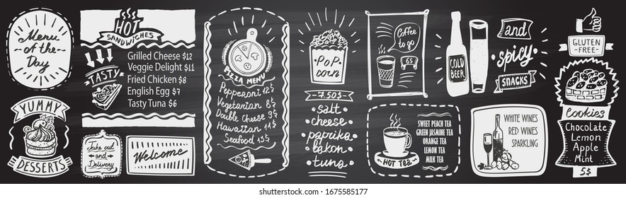 Menú variado de calk - postres, sándwiches, menú del día, maíz pop, bebidas, etc. Dibujo vectorial