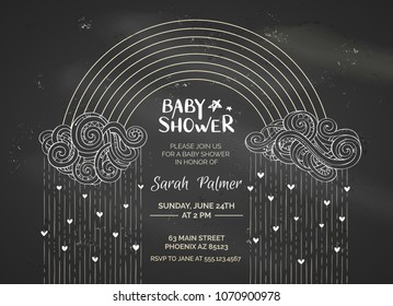 Chalk Baby Shower invitation. Clouds, hearts and rainbow on dark blackboard background. Vector template.