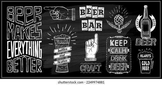 Chalk beer menu board quote phrases vector set - beer make everything better, keep calm drink beer