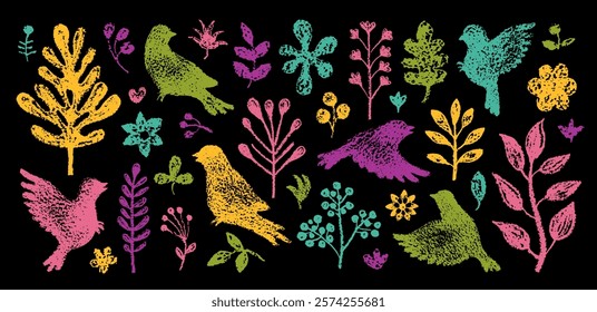 Chalk bird and flower. Doodle kid crayon drawing on chalkboard. Hand drawn pattern. Child blackboard background. Color vector illustration with chalk bird, spring flower element. Cute school garden bg