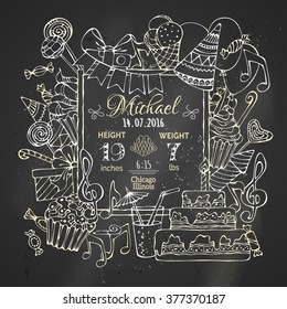 Chalk birth announcement card template on blackboard background. Vector party blowouts and cakes, garlands and balloons, sweets, music notes and firework. There is place for your text in the center.