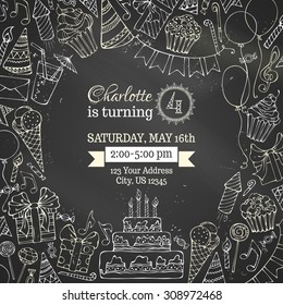 Chalk Birthday invitation blackboard template. Hand-drawn party blowouts and hats, cakes and candies, garlands and balloons, gift boxes and bows, music notes and firework, candles on birthday pie.