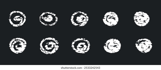 Chalk black circle icons. Doodle charcoal vector round frame, spiral. Crayon stylish design element by pen or pencil