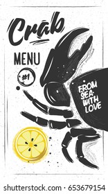 Chalk Black Logo Crab Menu with letting and Lemon. Seafood Logo restaurant, bar, cafe. Vertical poster