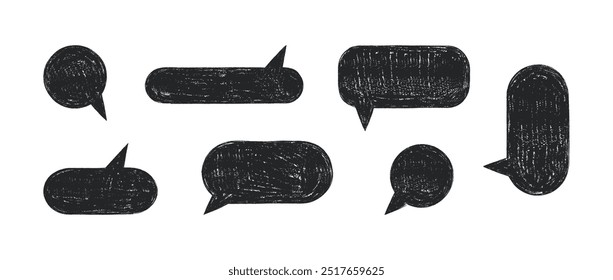 Chalk black speech bubbles templates. Crayon textured round dialogue clouds isolated on white background. Vector 