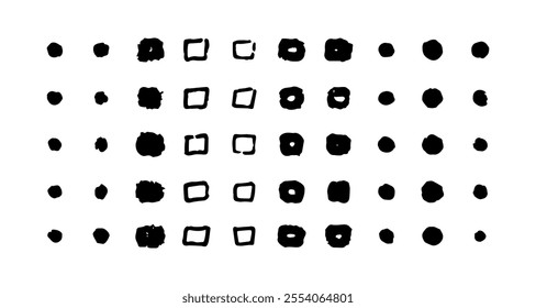 Chalk black square, circle and box set. Design elements for bullet journal. Crayon hand drawn pencil frames and pointers. Charcoal brush straight texture. Scribble squares. Kids vector drawing