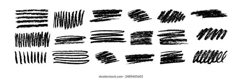 Chalk black strokes. Set of black hand drawn scribbles different forms on white background. Rough charcoal wide strokes. Vector crayon elements drawn by hand.