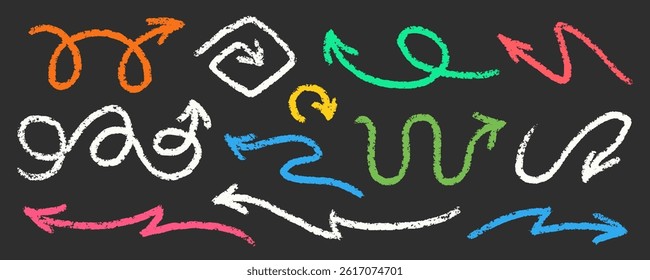Chalk Blackboard Arrows Squiggle Vector Set. Crayon Scribble Pointer Shapes Collection. Colorful Hand Drawn Brush Texture Spiral Swirls. Pencil Emphasis Elements Charcoal Doodle Curved Symbols Bundle