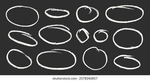 Chalk Blackboard Circular Shapes Vector Set. Crayon Scribble Round Highlight Collection. Hand Drawn Brush Texture Dialogue Oval Frames. Pencil Emphasis Elements Charcoal Doodle Talk Balloons Bundle