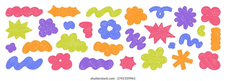 Chalk blob shapes doodle set. Crayon comic cloud and flower forms, organic stickers and groovy figures in sketch style. Grunge texture. Hand drawn vector illustration isolated on white background