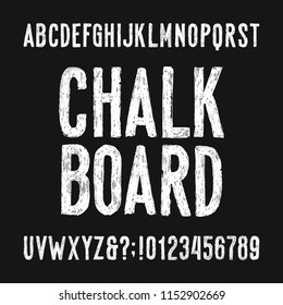 Chalk board alphabet font. Hand drawn damaged sans serif letters, numbers and symbols. Stock vector typeface.