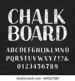 Chalk board alphabet font. Hand drawn letters, numbers and symbols. Vintage vector typeface for your design. Distressed background.
