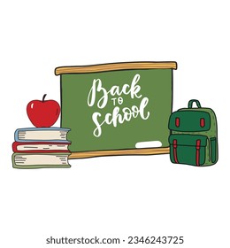 Chalk board Back to school with school bag, apple and books.