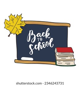 Chalk board Back to school with yellow maple leaf and books. School doodle color element. Education back to school clip art