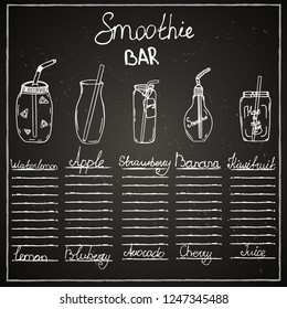 
Chalk board, bar menu, cafe, smoothies, drink, juice, recipe, ingredient, jar, mug, tube, fruit.