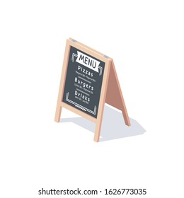 Chalk board, cafe restaurant coffee house pizzeria. Vector 3d isometric, color web icon, new flat style. Creative illustration design, idea for infographics.