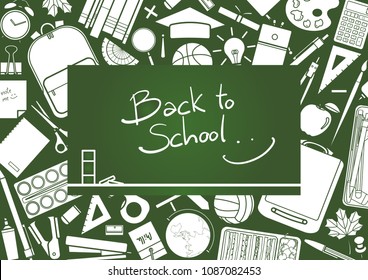 Chalk board with calligraphy at the center surrounded by silhouette stationery. Background design for school and education in vector illustration.  