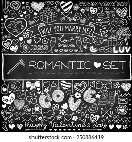 Chalk board doodle set of hearts, arrows, bows, presents, flowers etc. Design elements for Valentine's Day, wedding invitation, baby shower, birthday card etc. Vector illustration.