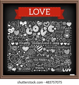 Chalk board doodle set of hearts, arrows, bows, presents, flowers etc. Design elements for Valentines Day, wedding invitation, baby shower, birthday card etc. Vector illustration.