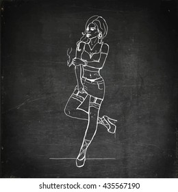  Chalk board drawing prostitute. Hand drawn vector illustration.