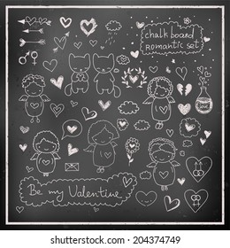 Chalk board hand drawn romantic set in vector. Cartoon sketch love symbols for design