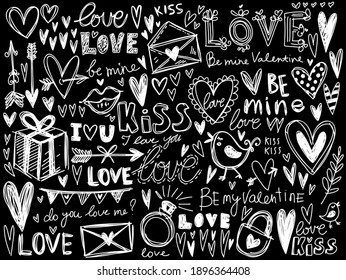 Chalk board hand painted illustration set with heart, love, bird, arrows, love letters, lips, calligraphy in grunge style. Stylish background for wedding or valentine's.