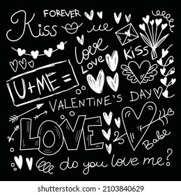 Chalk board hand painted illustration set with heart, love, arrows, love letters, lips, calligraphy in doodle style. Modern design for wedding or valentine's day.