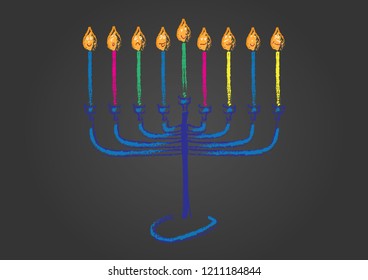 Chalk board Hanukkah Illustration,Hand drawn menora and candles