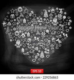 Chalk Board Happy New Year In The Form Of Heart,with Santa Claus,snowman,Christmas Tree,sleigh,candy,house,ice Skates,snowflake,gift,candle,wreath,mittens,hat,scarf,deer In The Shape Of Heart