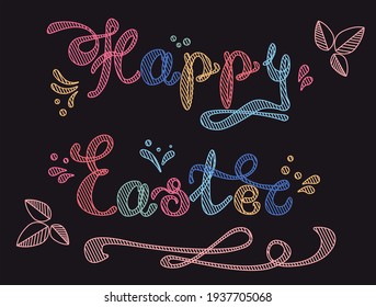 chalk board with the inscription: happy Easter. Vector illustration on a black background.