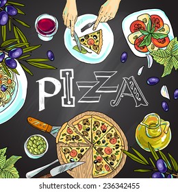 chalk board with Italian food